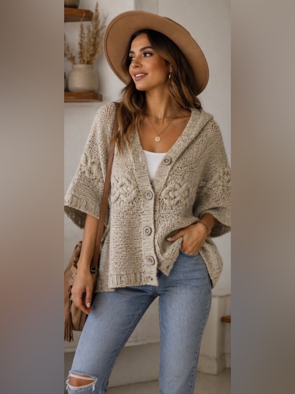 Kensie Girl Cream Knit Hooded Poncho Cardigan | Boho Cozy | Women’s Small